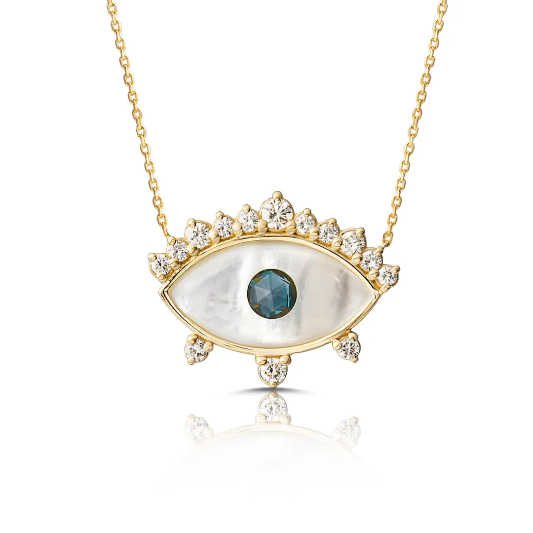 White and Blue Evil Eye 14K Gold Necklace with Diamond Crown
