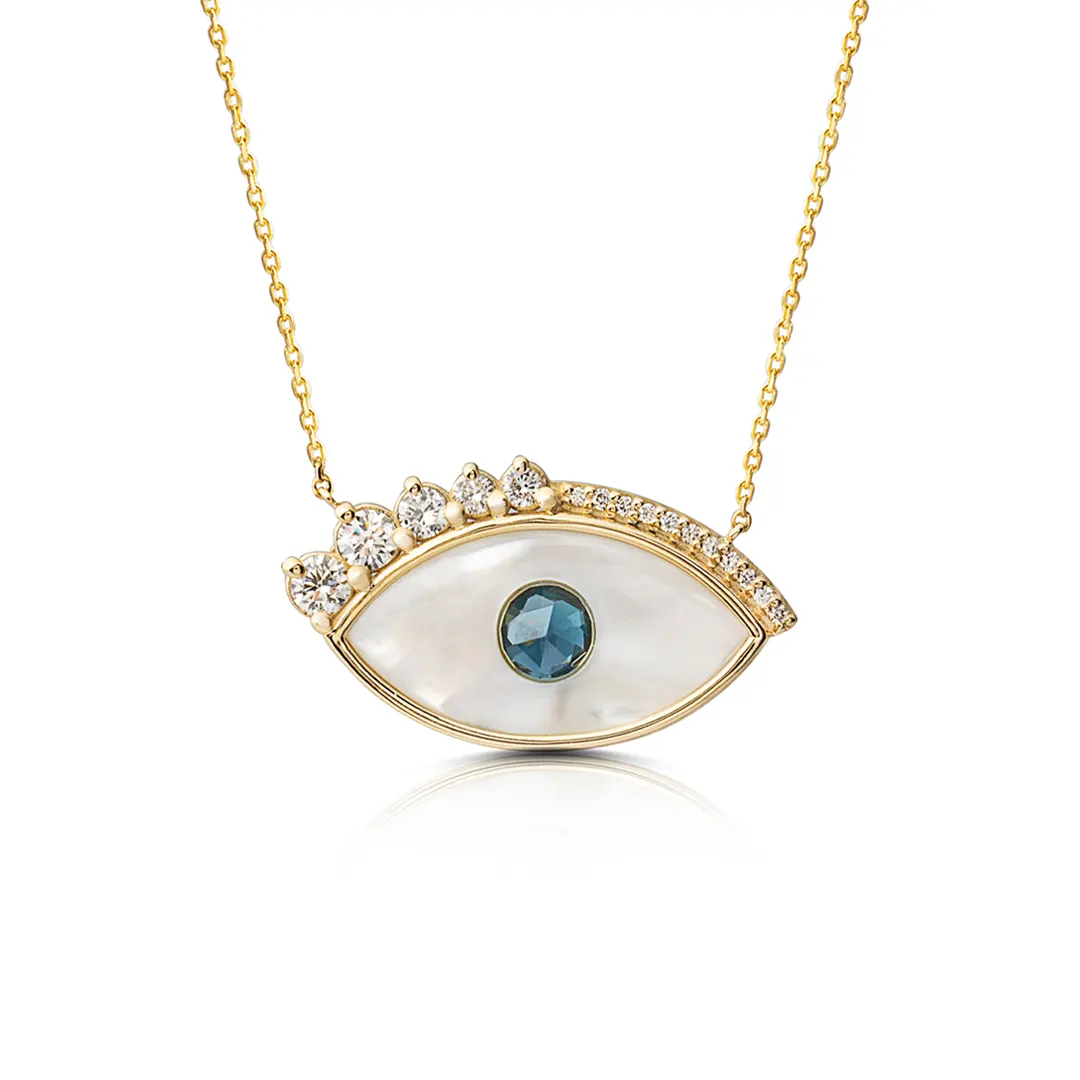 White and Blue Evil Eye 14K Gold Necklace with Diamond Lashes