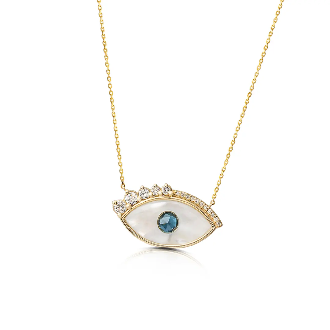 White and Blue Evil Eye 14K Gold Necklace with Diamond Lashes - Image 2