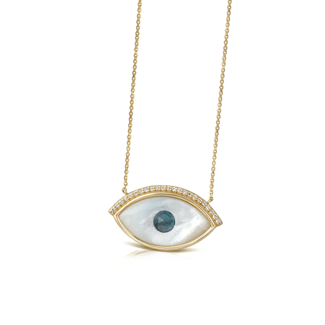 White and Blue Evil Eye 14K Gold Necklace with Diamonds - Image 2