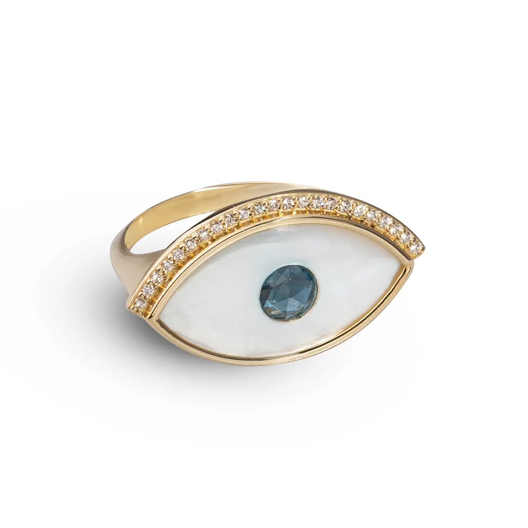 White and Blue Evil Eye 14K Gold Ring with Diamonds