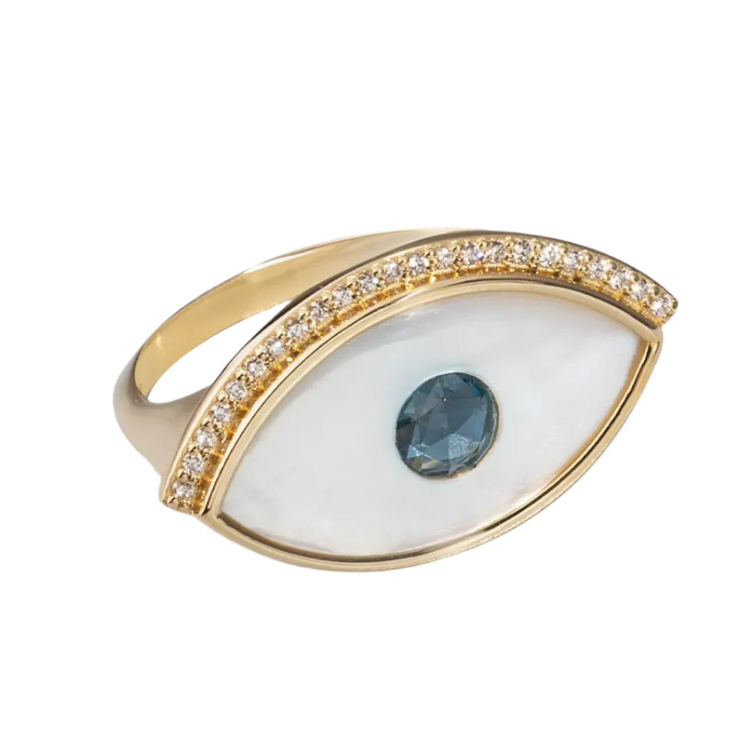 White and Blue Evil Eye 14K Gold Ring with Diamonds - Image 2